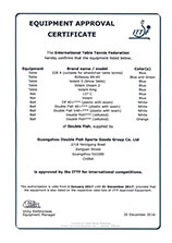 Double Fish-ITTF Equipment Approval Certificate